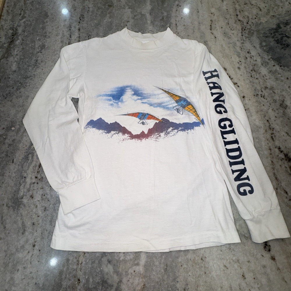 VTG Hanes Beefy T Shirt Long Sleeve Hang Gliding Graphic Single Stitch Men Small